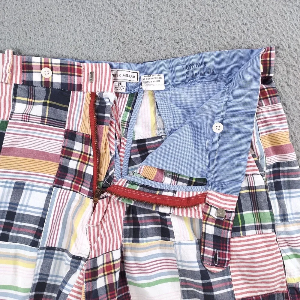 Peter Millar Shorts Mens 36 Madras Plaid Striped Patchwork Slash Pockets Chino